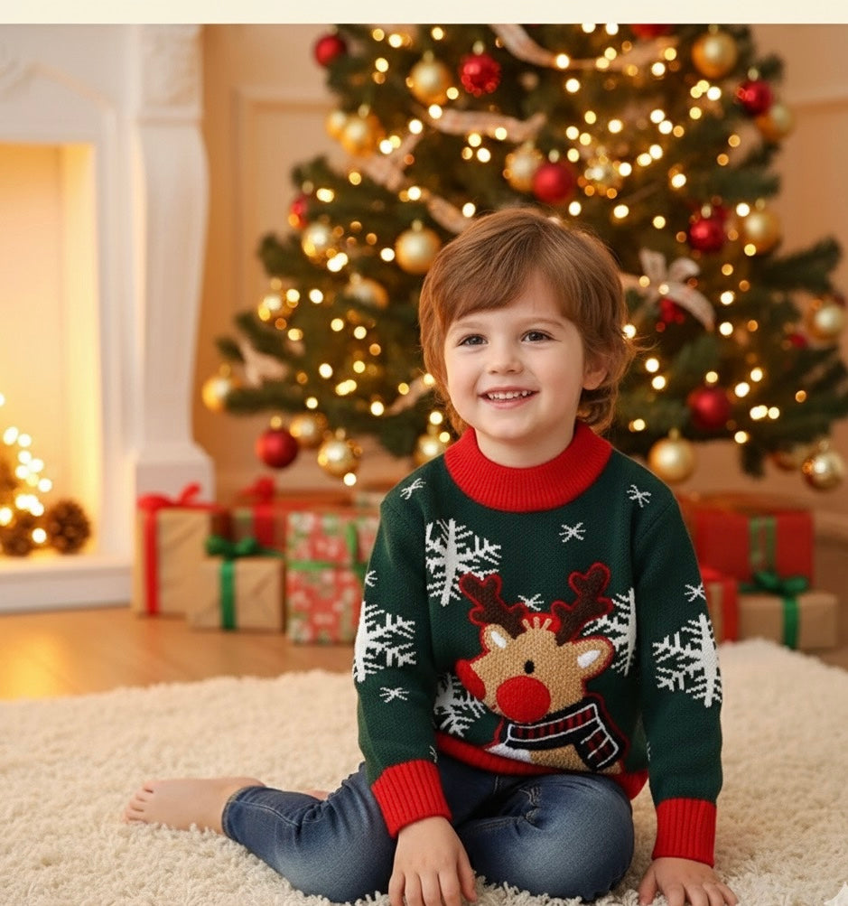 Children's Christmas Reindeer Snowflake Knitted Sweater