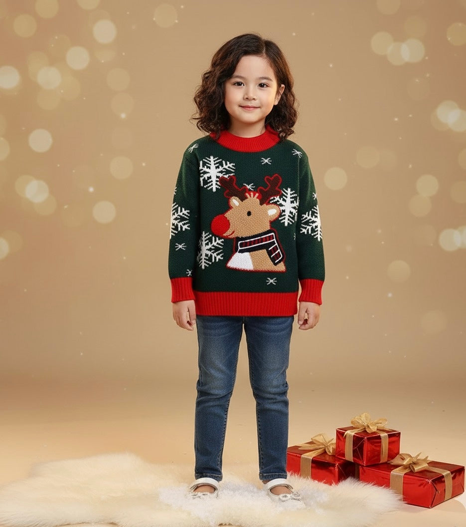 Children's Christmas Reindeer Snowflake Knitted Sweater