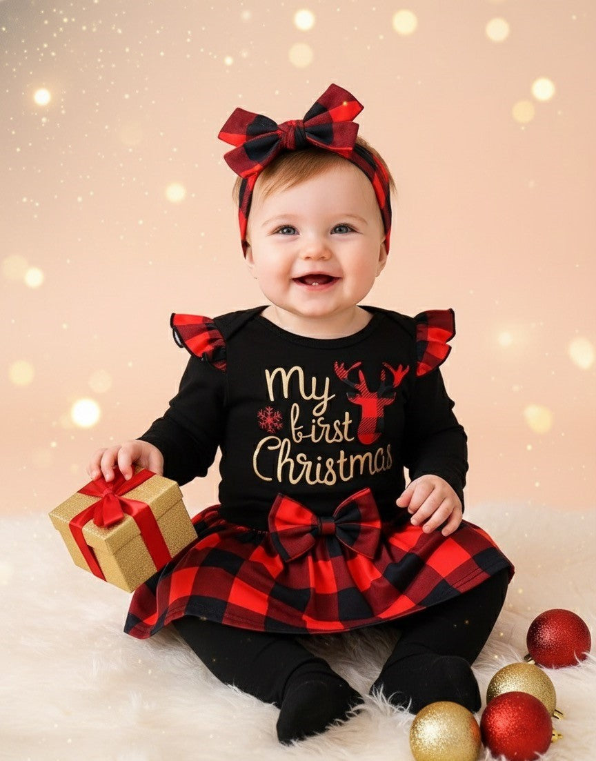 Children's Christmas Bodysuit and Pants Set with Headband